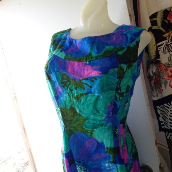 NOS Vintage Hawaiian 60s 70s Maxi Dress Jeweltones Green Blue 